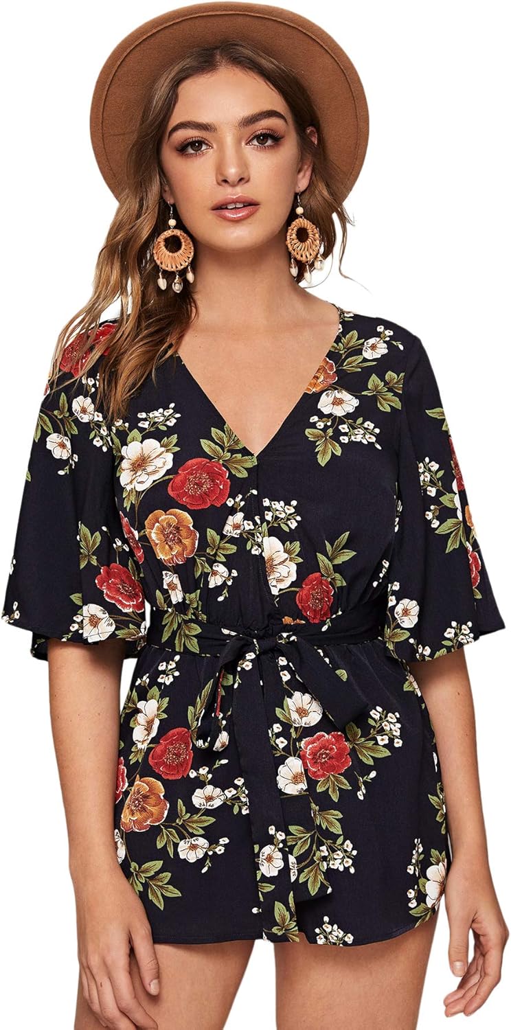 shein 女式 v 领印花扎腰短款连身衣